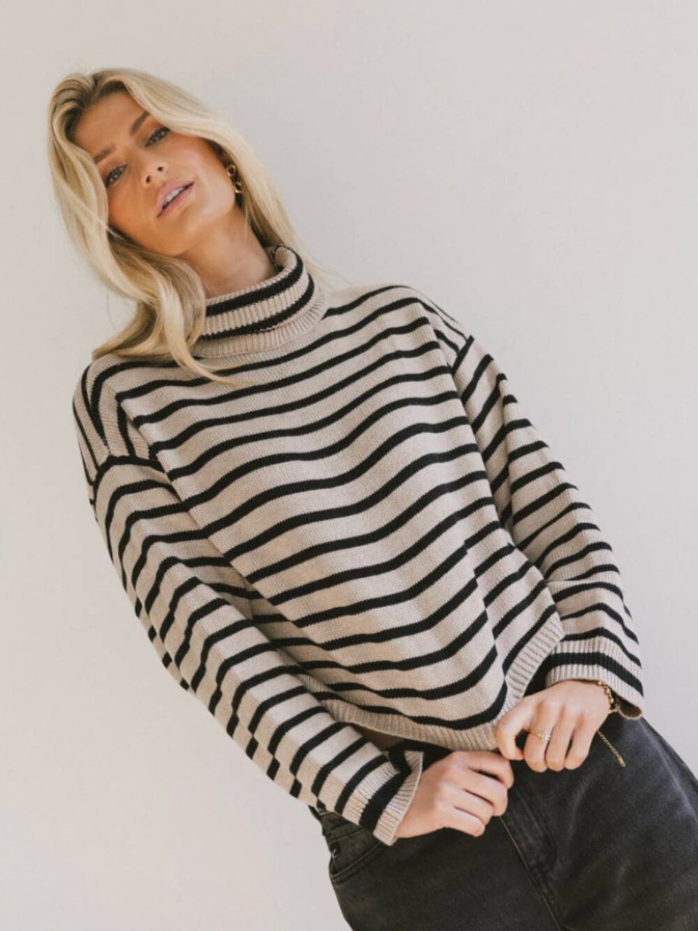 Miya Striped Turtleneck Sweater (Mocha) | Size Medium | Cozy Knit